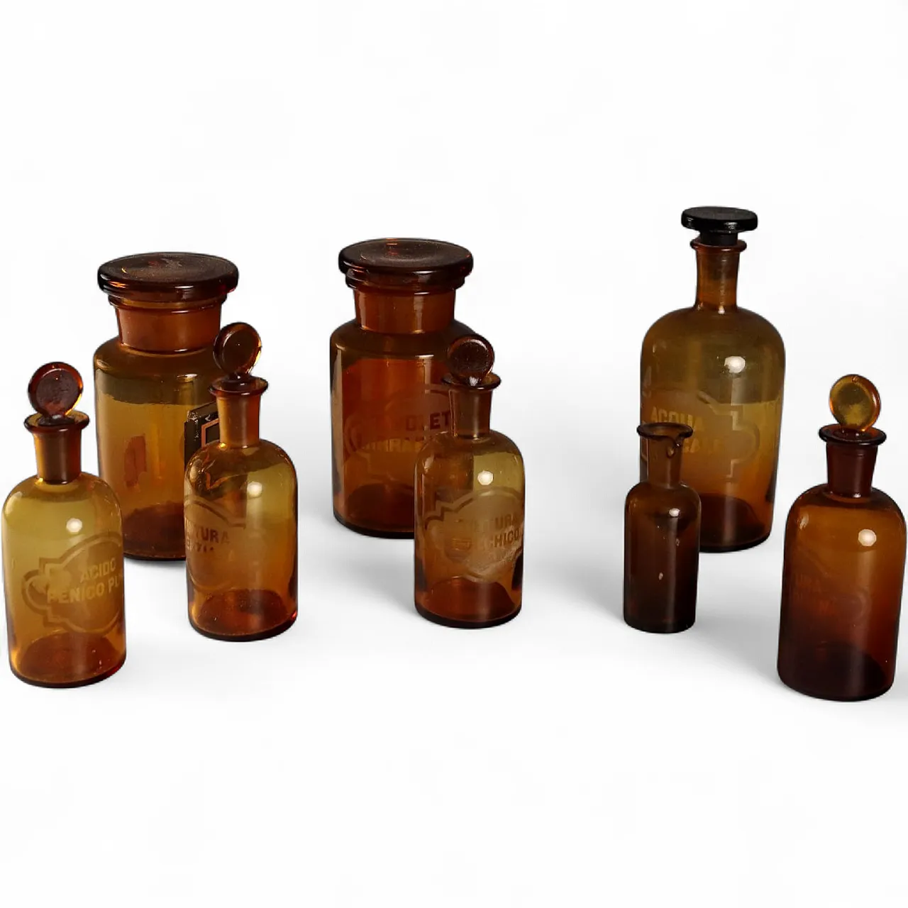8 barattoli e bottiglie da farmacia in vetro ambrato, '900 6