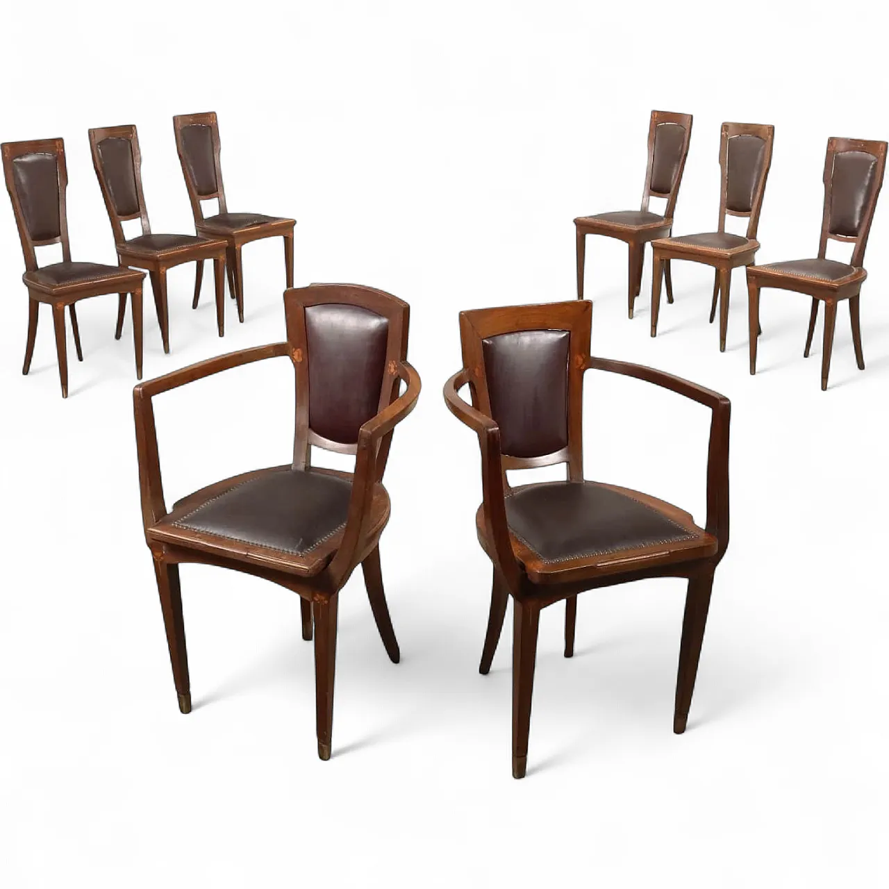 6 sedie e 2 poltroncine in stile Liberty in mogano, '900 11