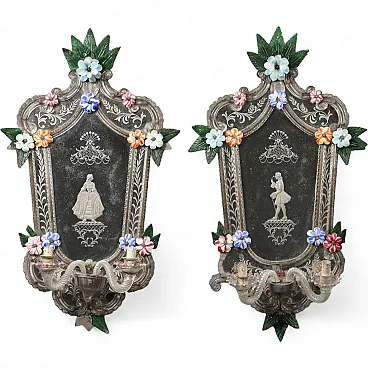 Coppia di specchi incisi in vetro soffiato, primo '900