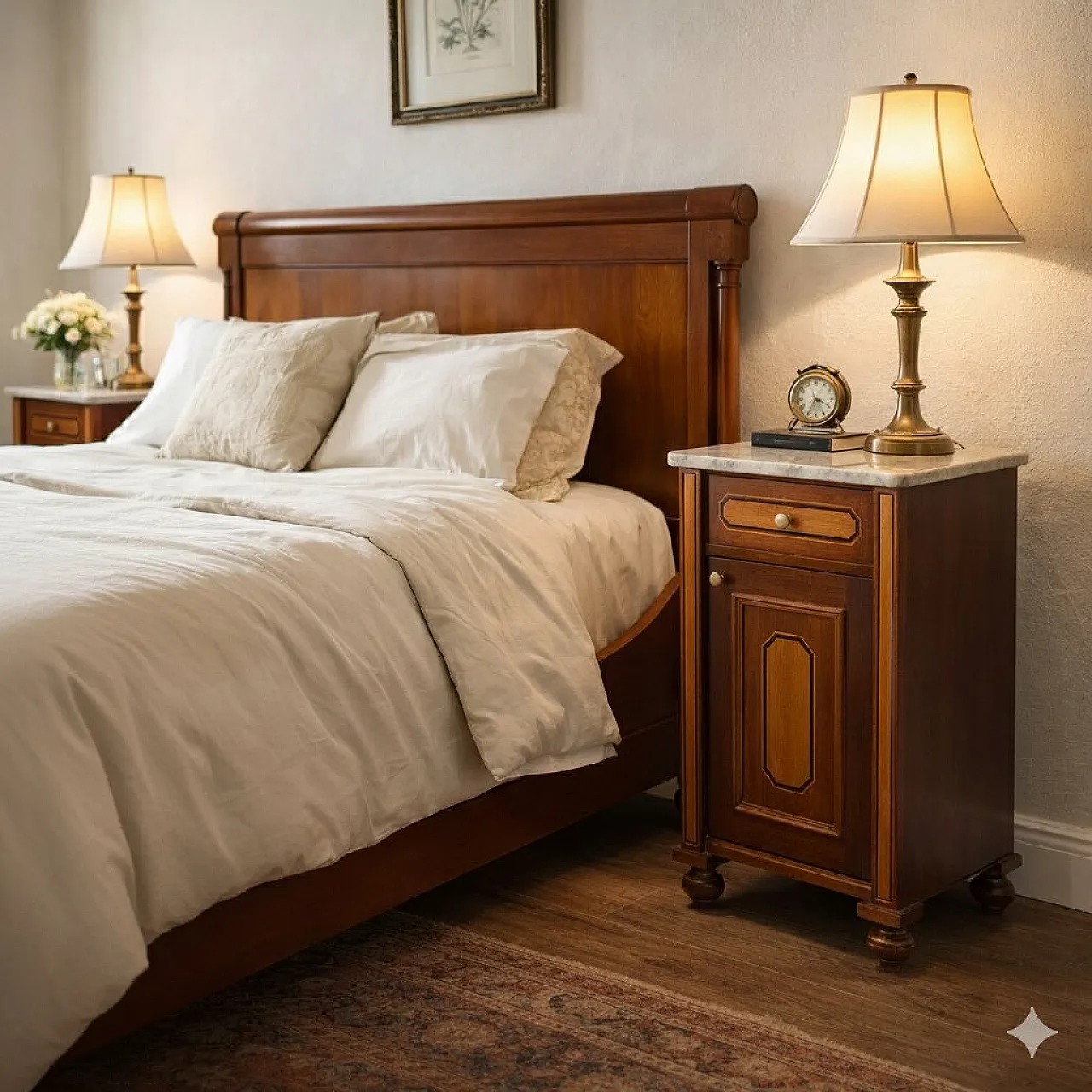 Coppia di comodini impiallacciati in mogano, primo '900 2