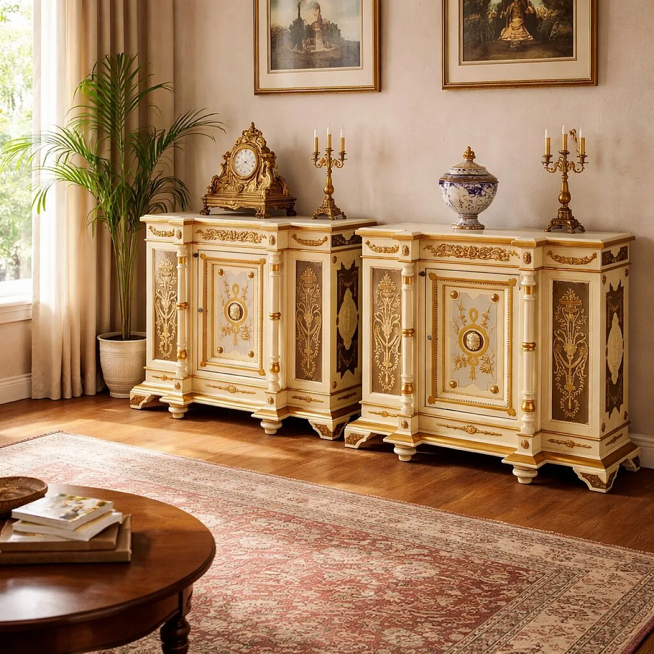 Pair of lacquered, carved and gilded fir sideboards, late 19th century 2