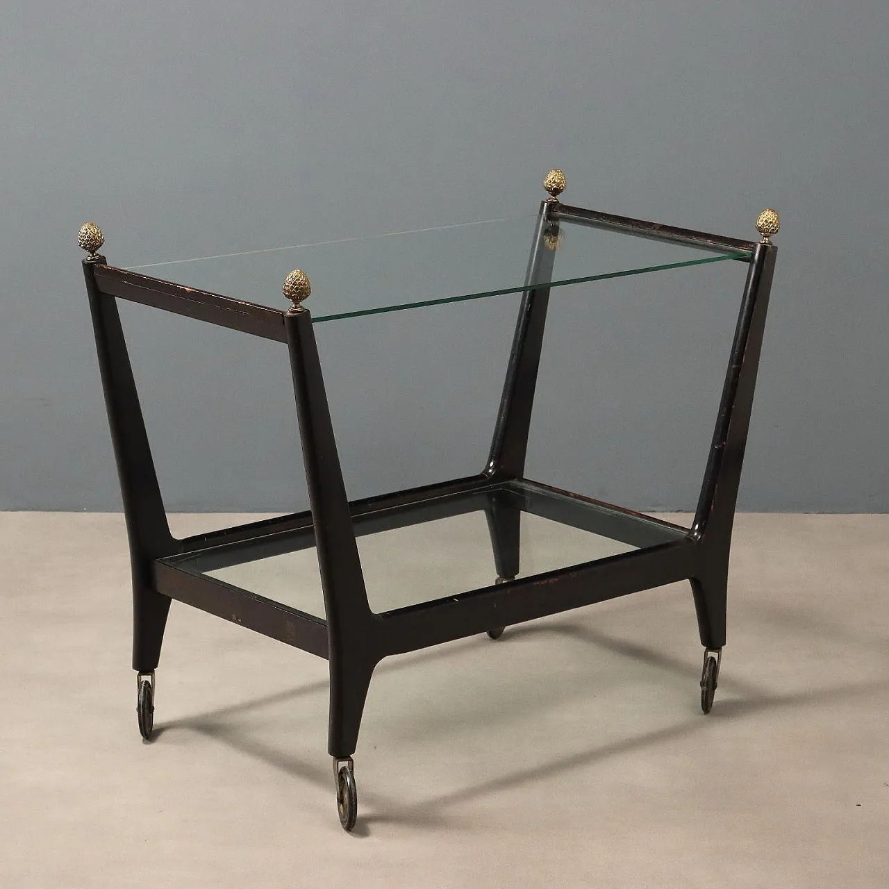 Carrello di servizio in vetro e legno massello tinto ebano, '900 1