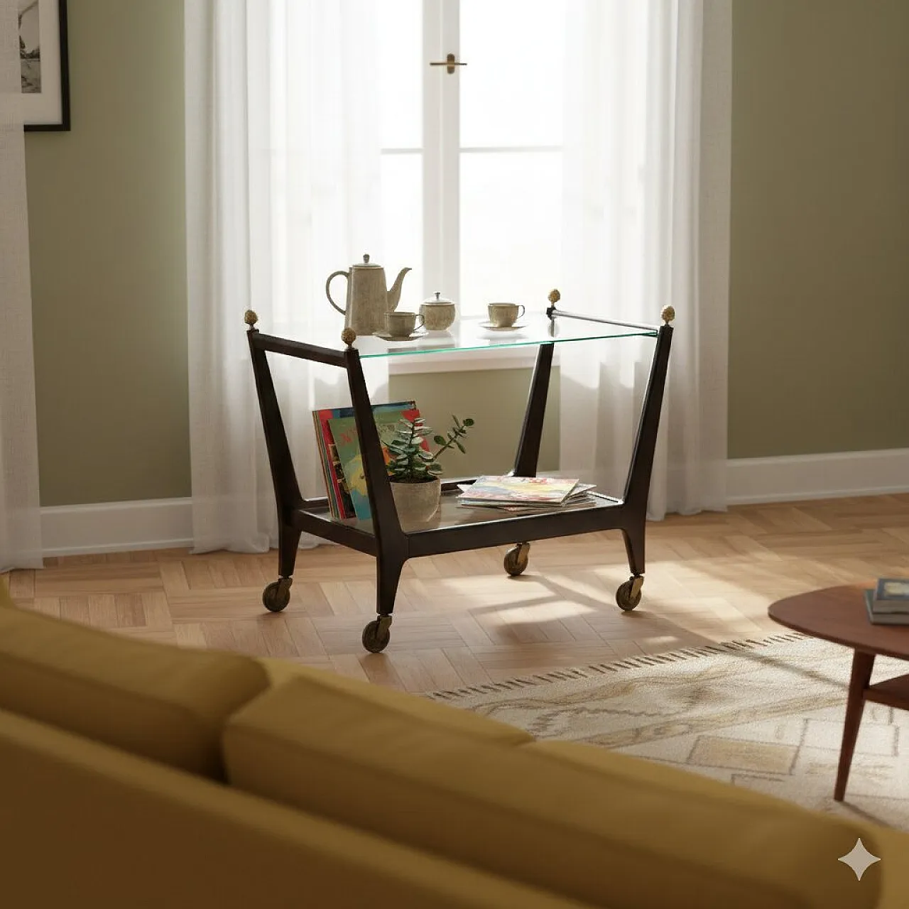Carrello di servizio in vetro e legno massello tinto ebano, '900 2