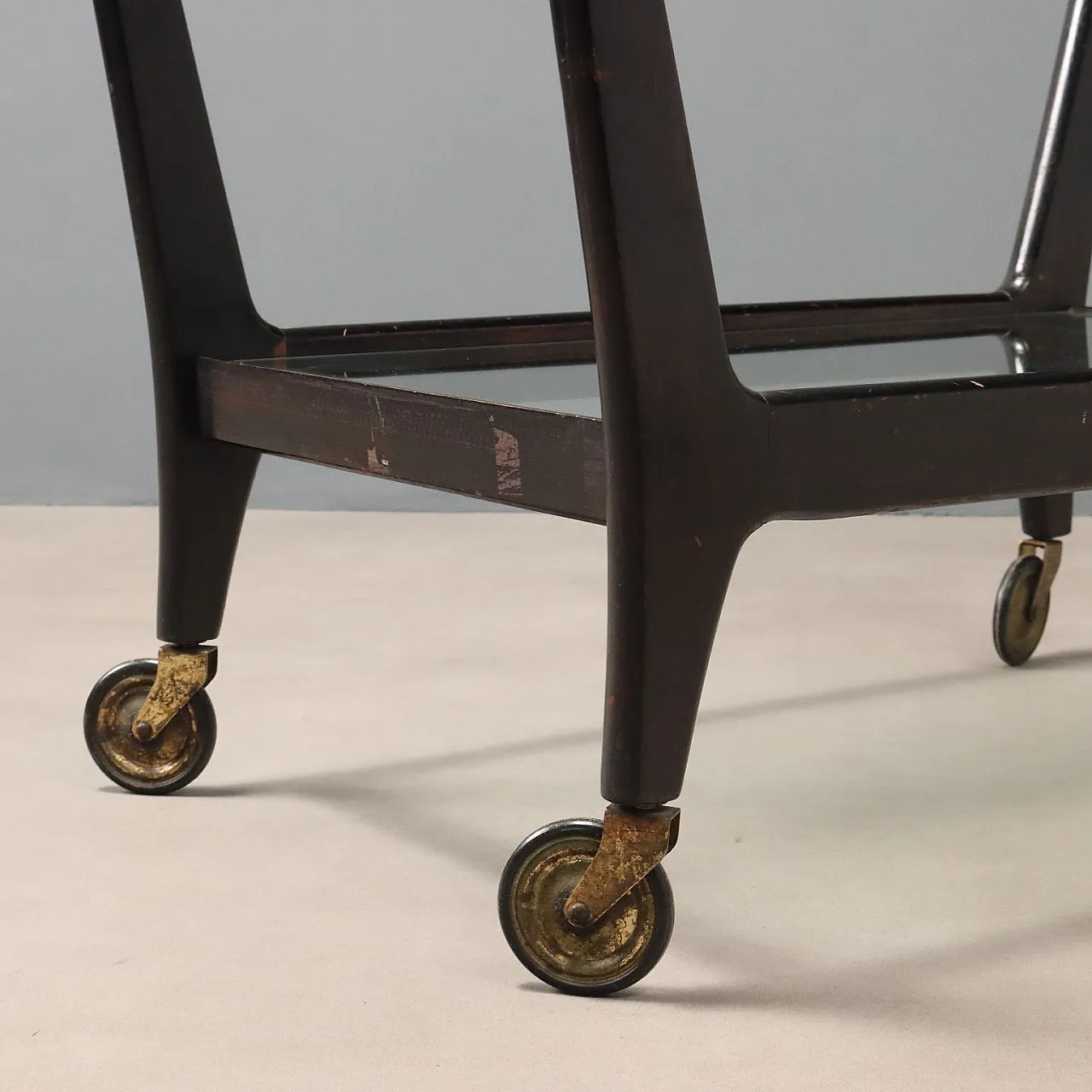 Carrello di servizio in vetro e legno massello tinto ebano, '900 6