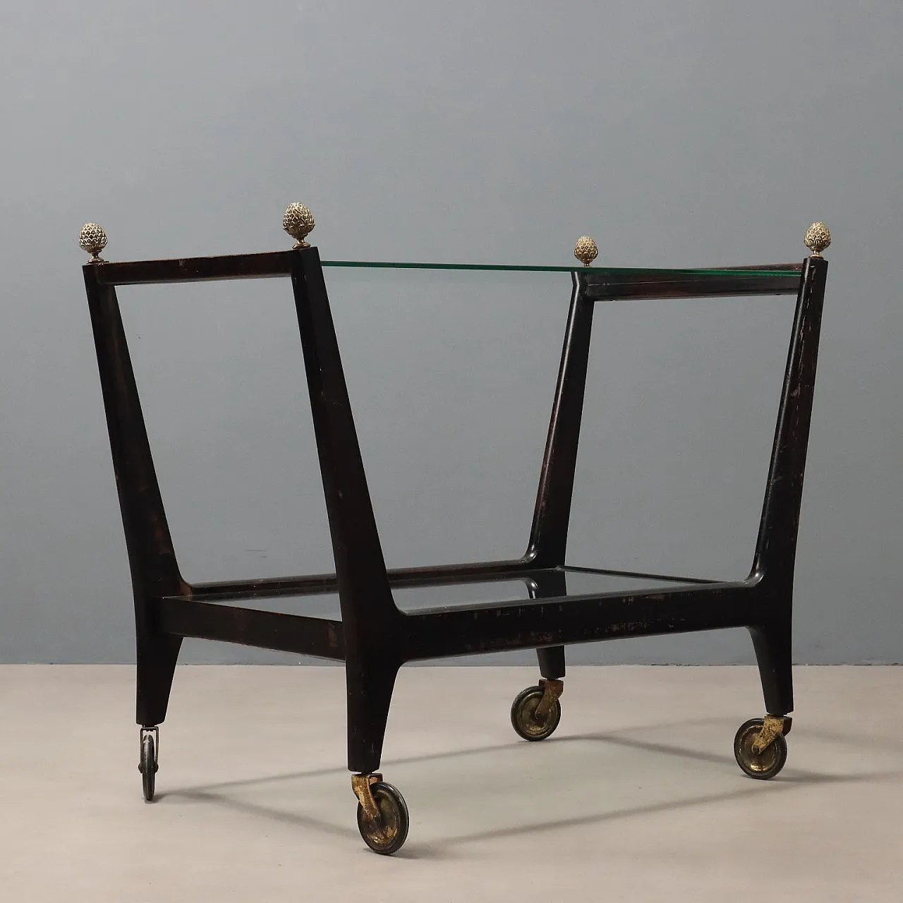 Carrello di servizio in vetro e legno massello tinto ebano, '900 8