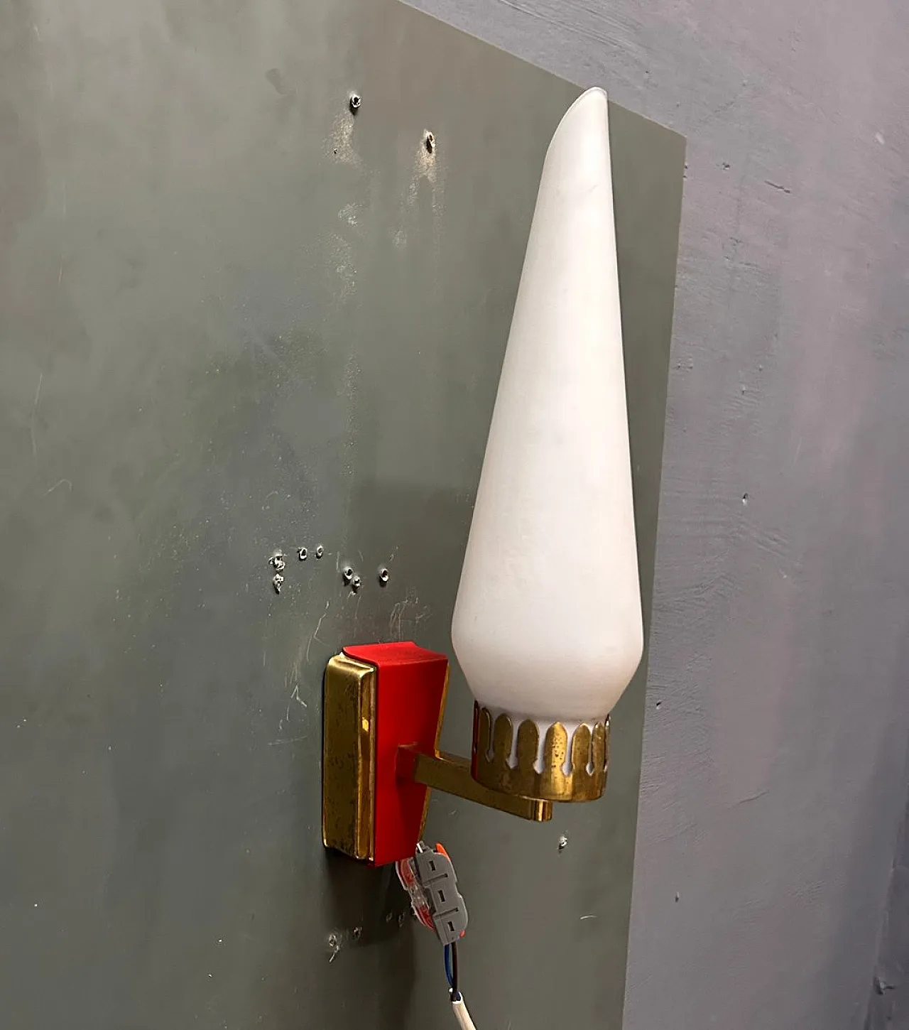 Pair of opaline glass and brass wall lights, 1950s 5