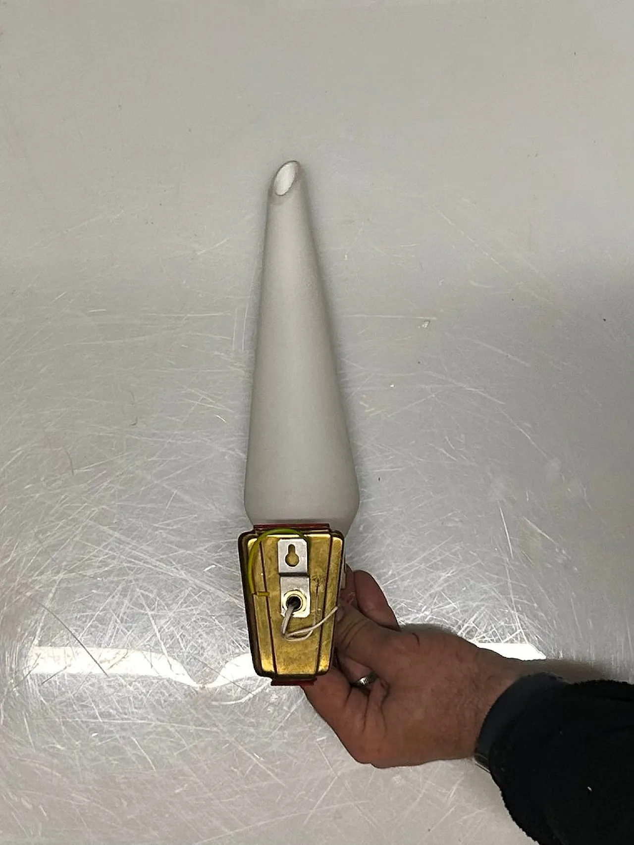 Pair of opaline glass and brass wall lights, 1950s 9