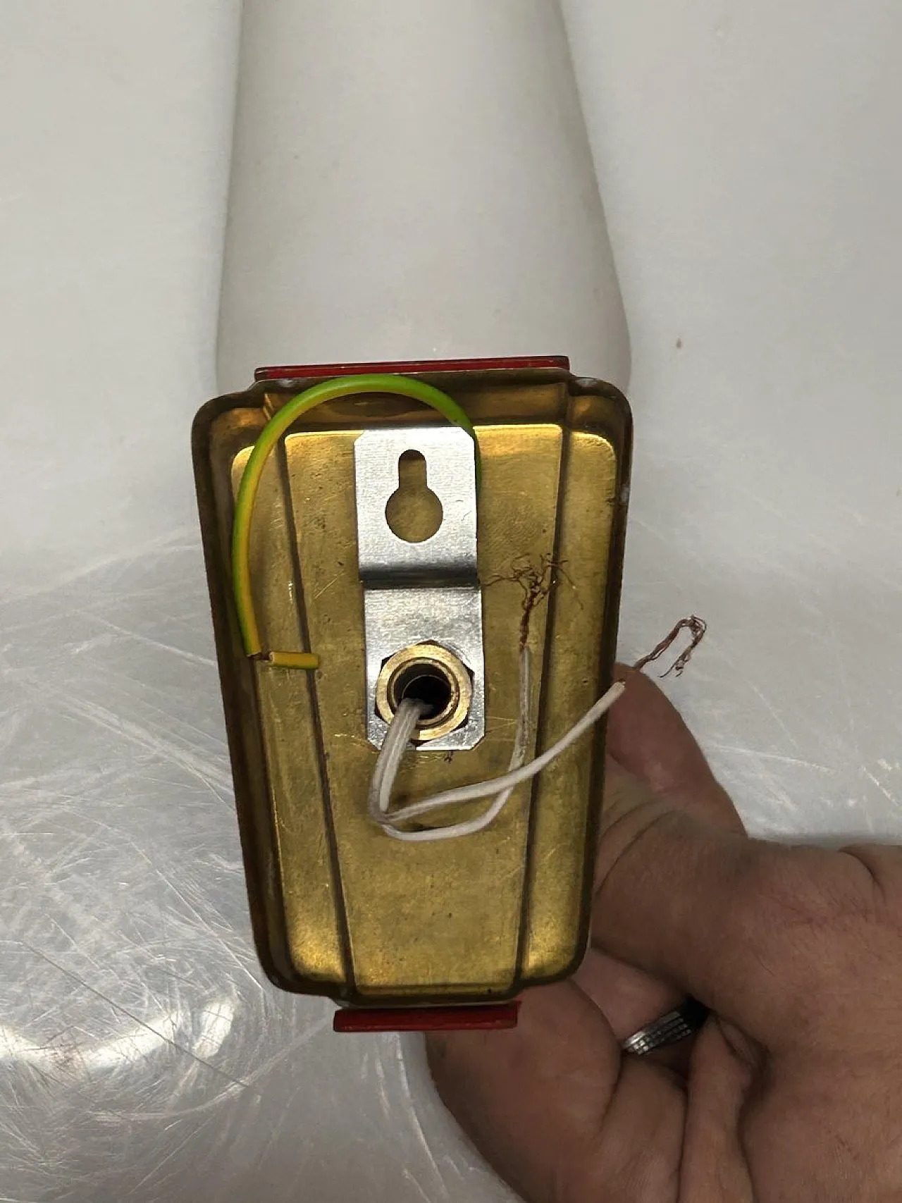 Pair of opaline glass and brass wall lights, 1950s 10