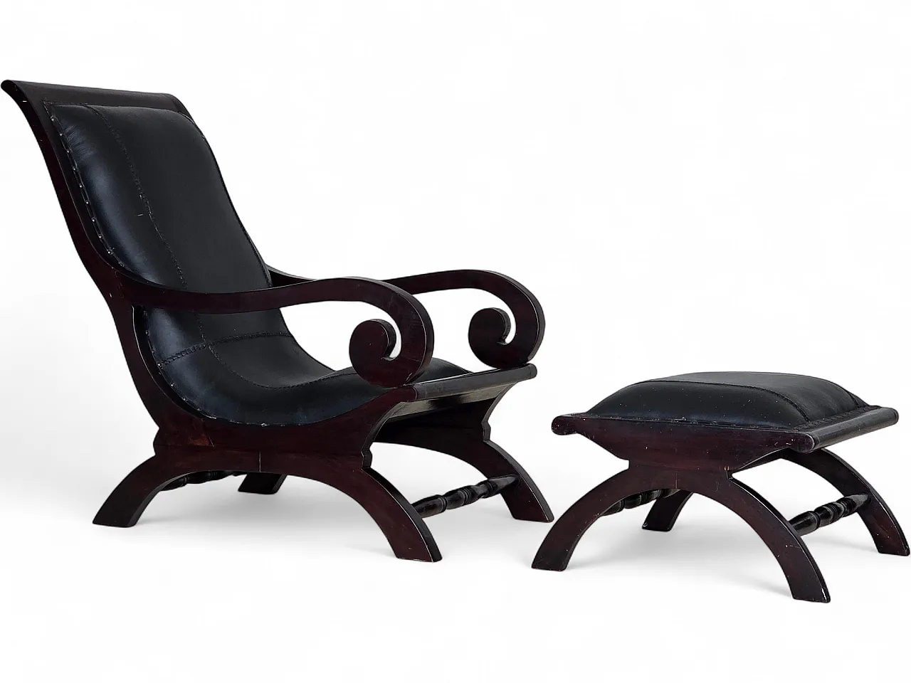 Armchair with footstool, black furniture leather, 1970s 20