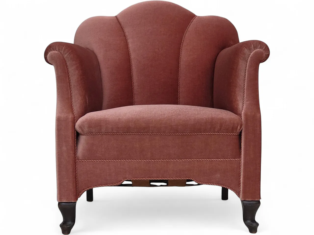 Danish armchair, salmon pink velour, oak wood, 1950s 17