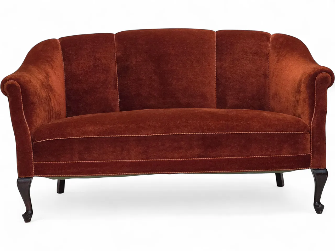 1950s, Danish 2-seater sofa, furniture velour, oak wood legs. 20