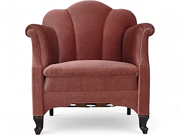 Danish armchair, salmon pink velour, oak wood, 1950s