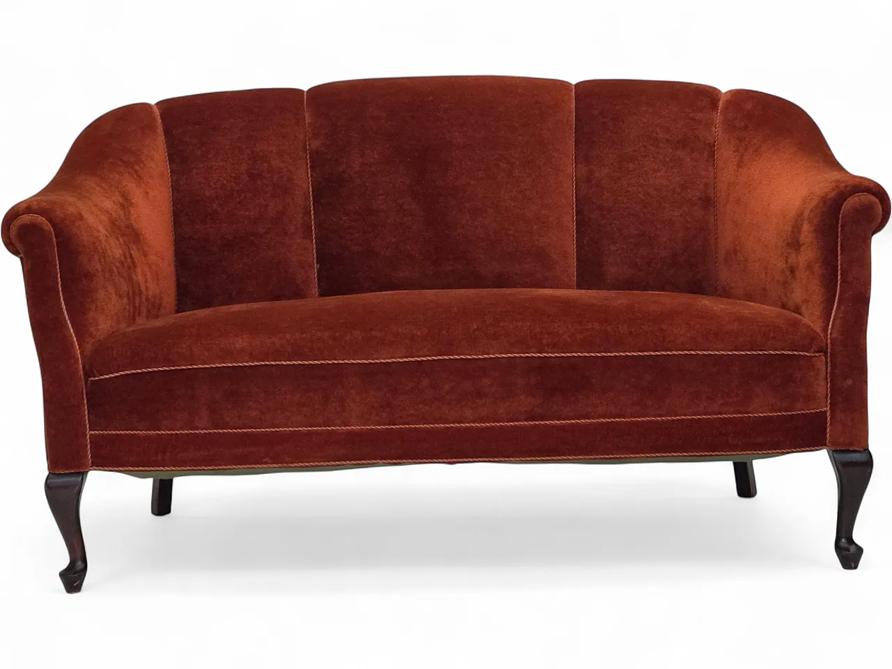 1950s, Danish 2-seater sofa, furniture velour, oak wood legs. 21