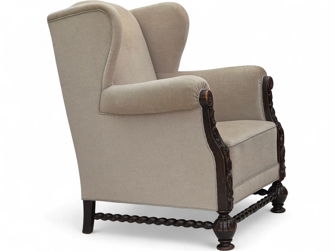 Danish wingback armchair, velour, carved oak wood, 1960s 23