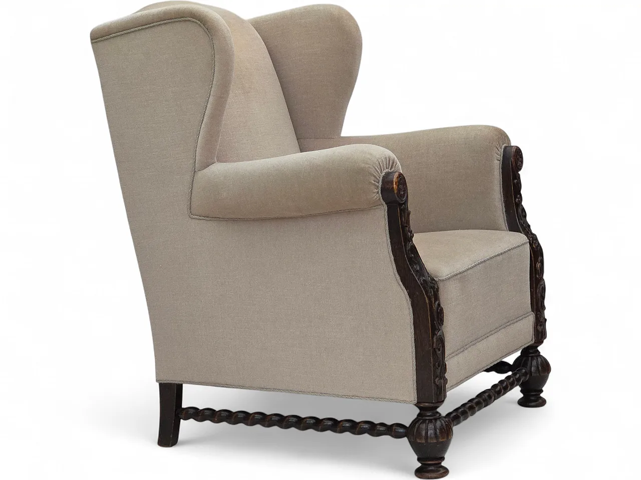 Danish wingback armchair, velour, carved oak wood, 1960s 25