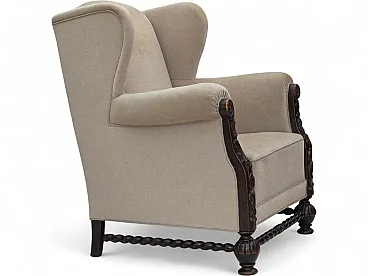 Danish wingback armchair, velour, carved oak wood, 1960s