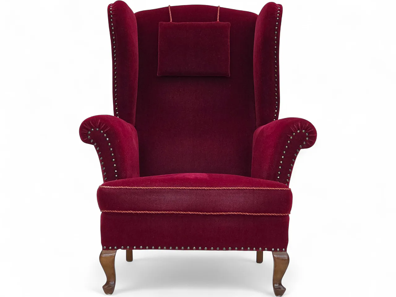 Danish highback wingback armchair, cherry-red velour, 1960s 20