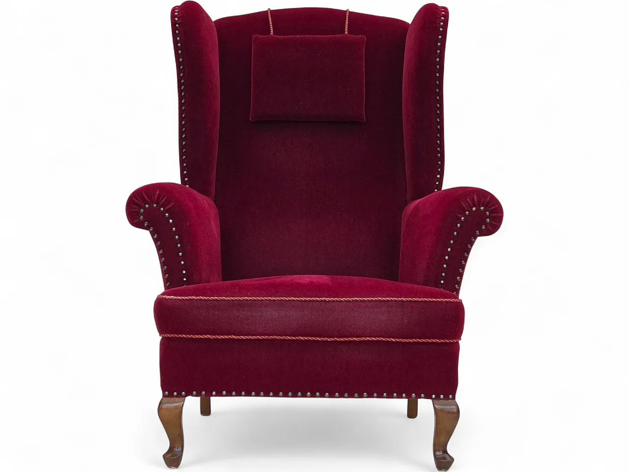 Danish highback wingback armchair, cherry-red velour, 1960s 21