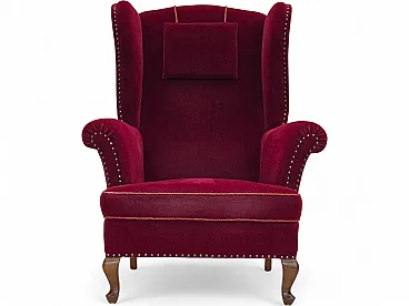 Danish highback wingback armchair, cherry-red velour, 1960s