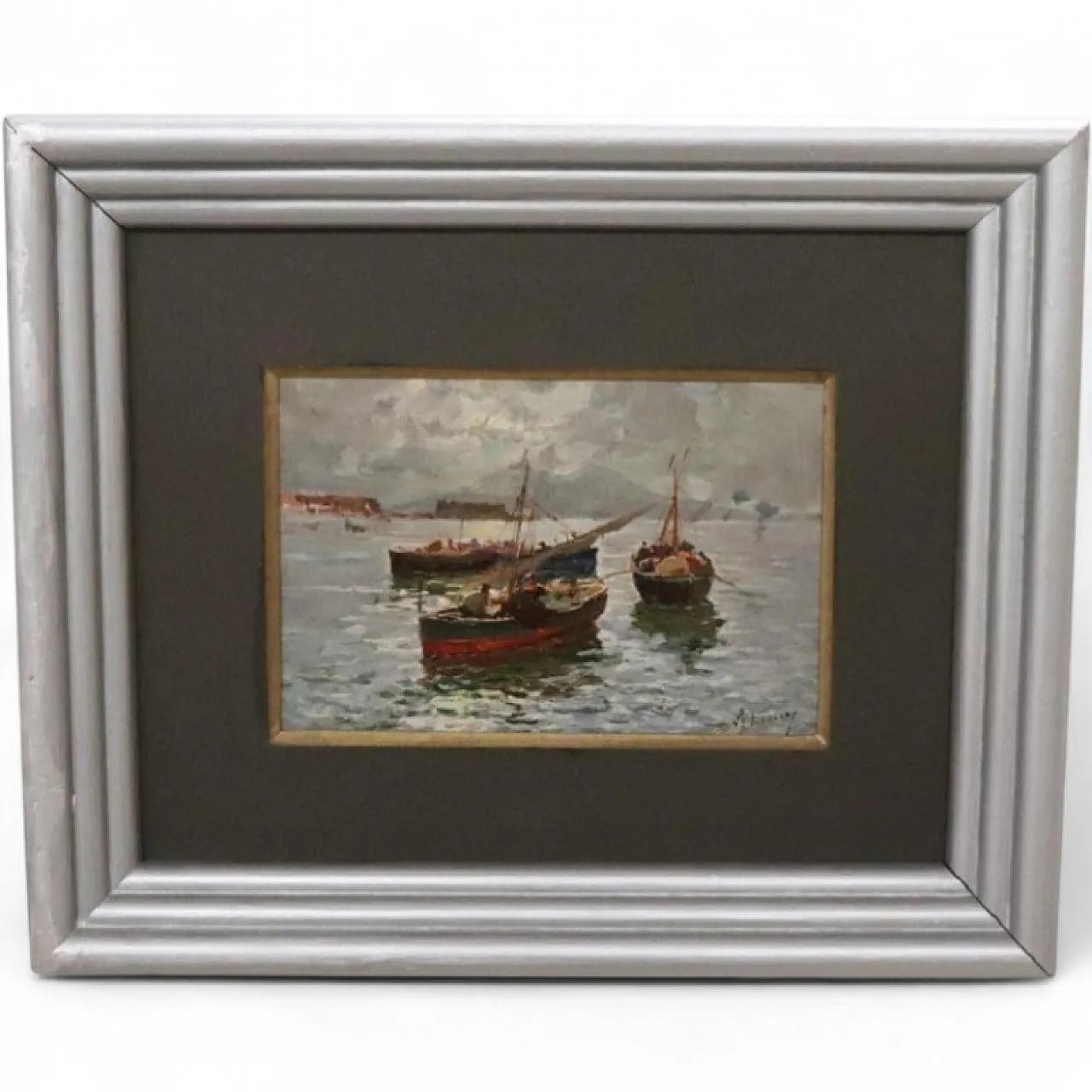 Dipinto olio su tavola Golfo di Napoli, Firma R. Leone, inizi '900 13