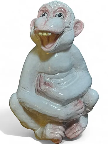 Laughing monkey sculpture, handcrafted white ceramic, 70s