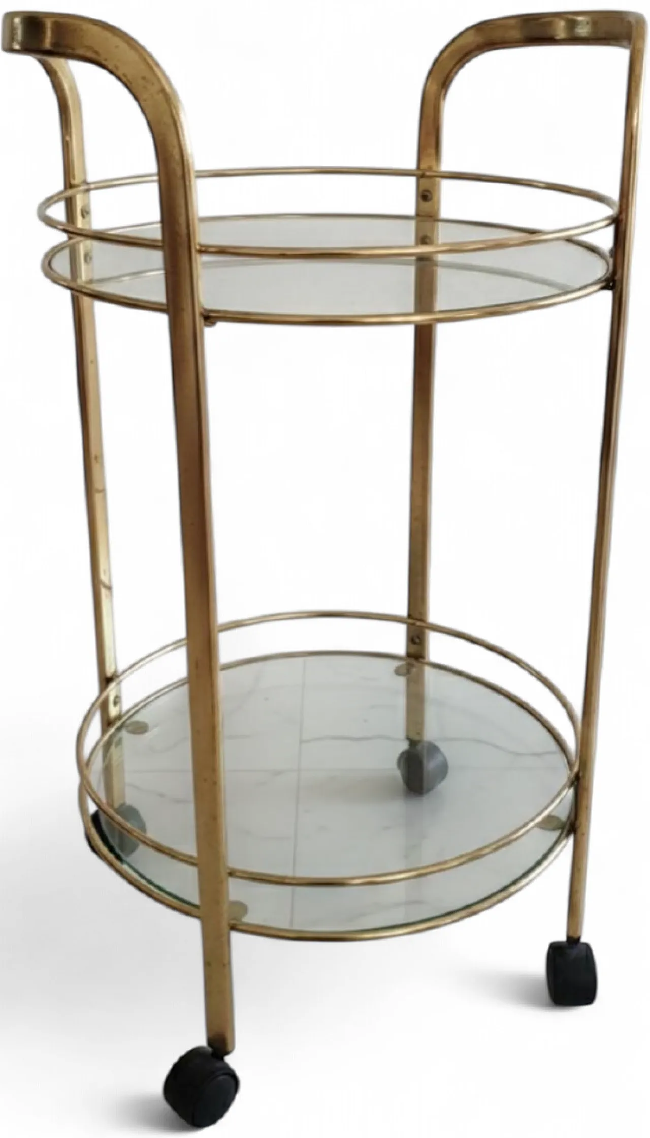 Carrello bar con ruote, ottone e vetro, anni '70 6