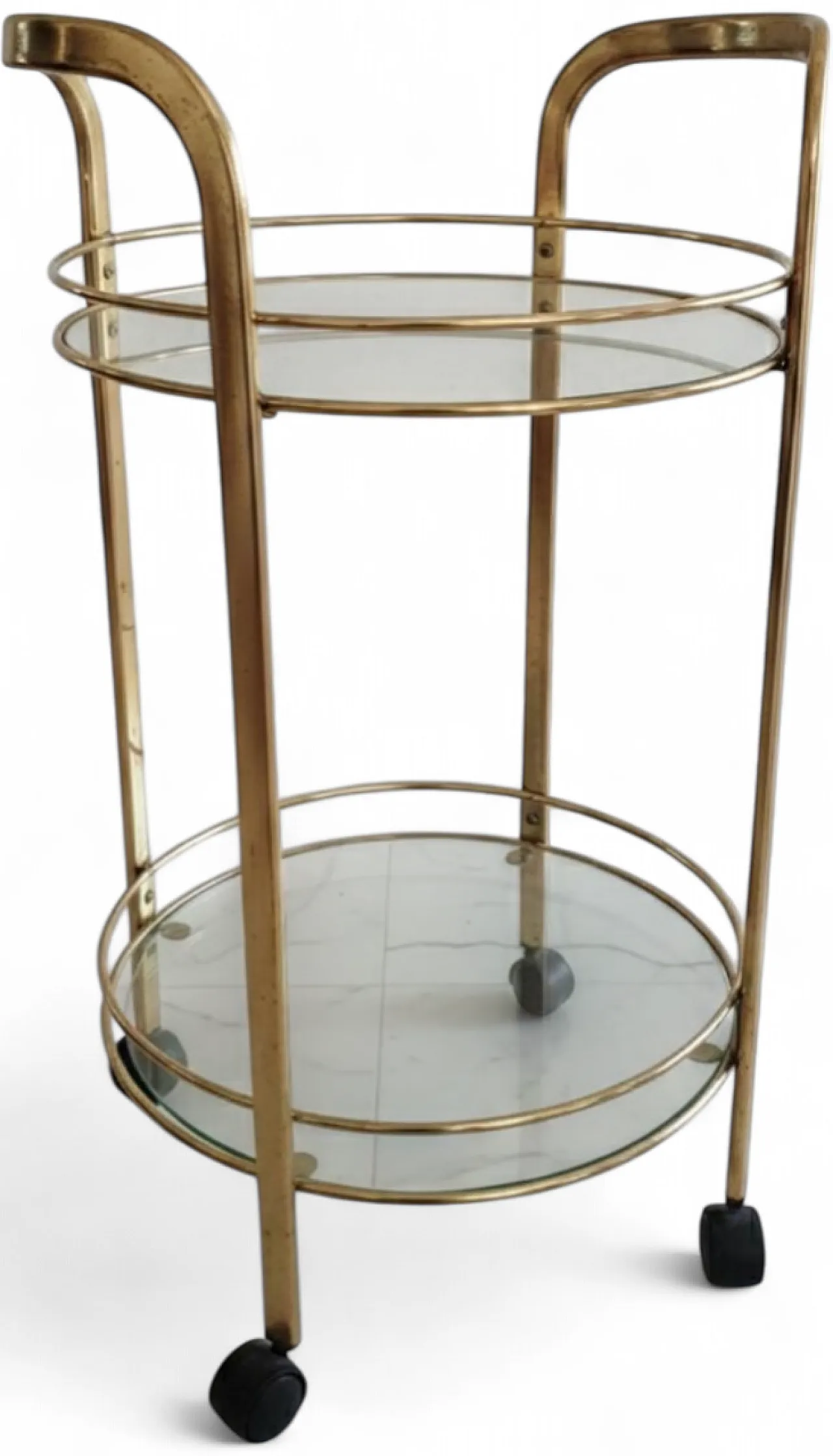 Carrello bar con ruote, ottone e vetro, anni '70 7