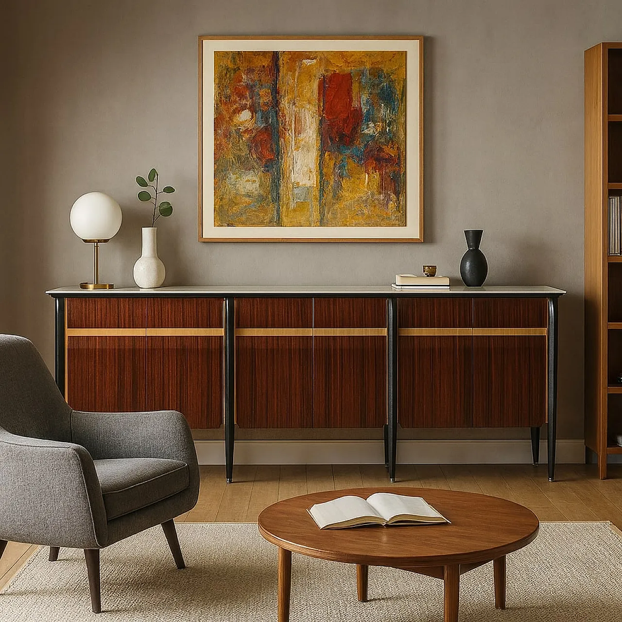 Sideboard in exotic woods, laminate and brass inserts, 20th century 2