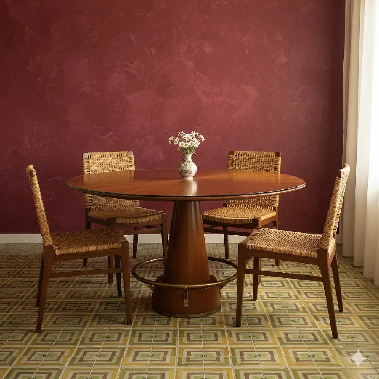 Teak, glass, mahogany and brass dining table, 20th century 2