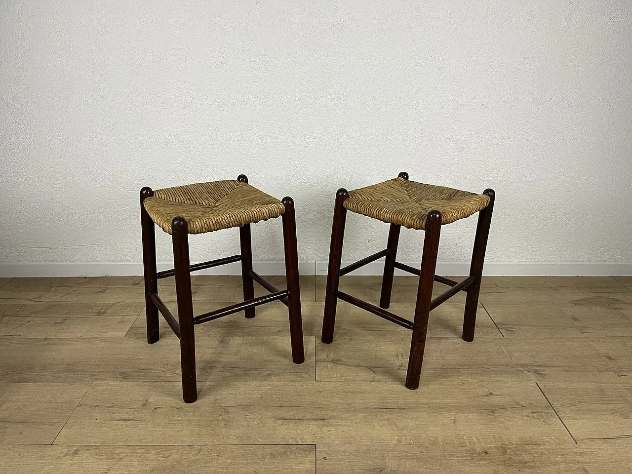 Pair of straw and cherry wood stools, 1960s 1