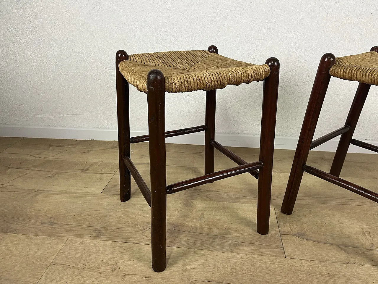 Pair of straw and cherry wood stools, 1960s 2