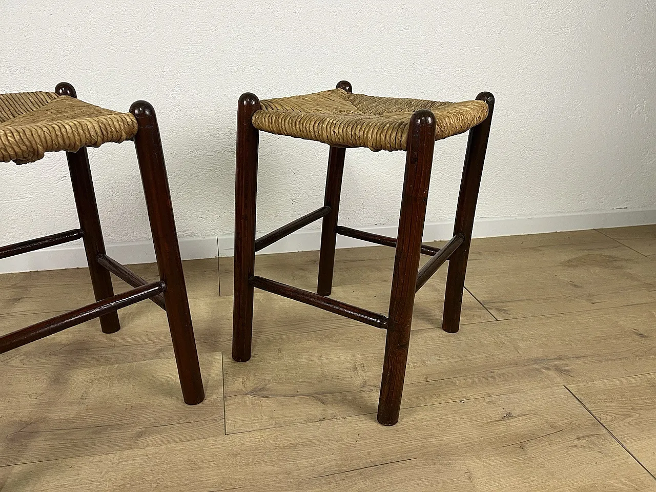 Pair of straw and cherry wood stools, 1960s 3