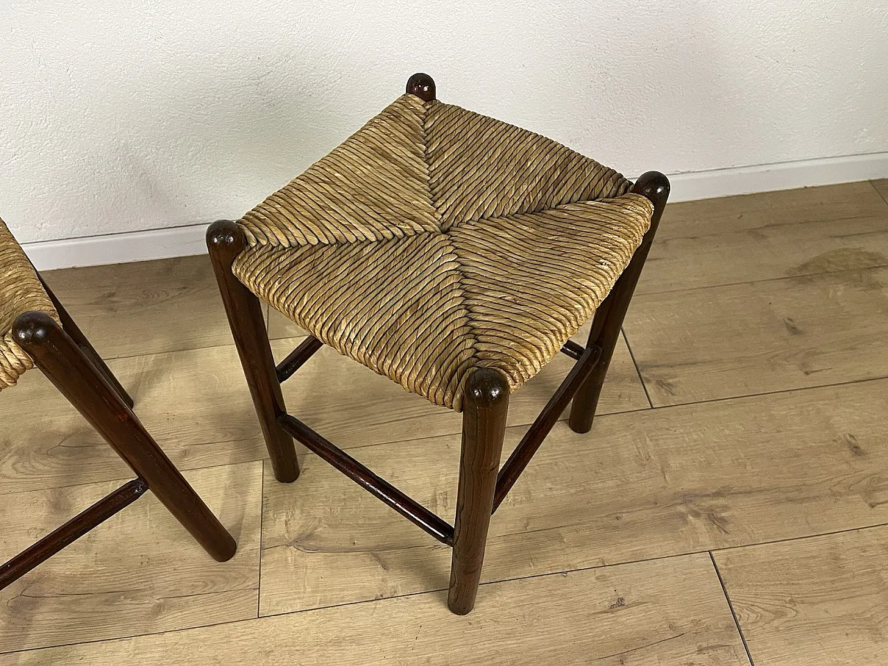 Pair of straw and cherry wood stools, 1960s 4