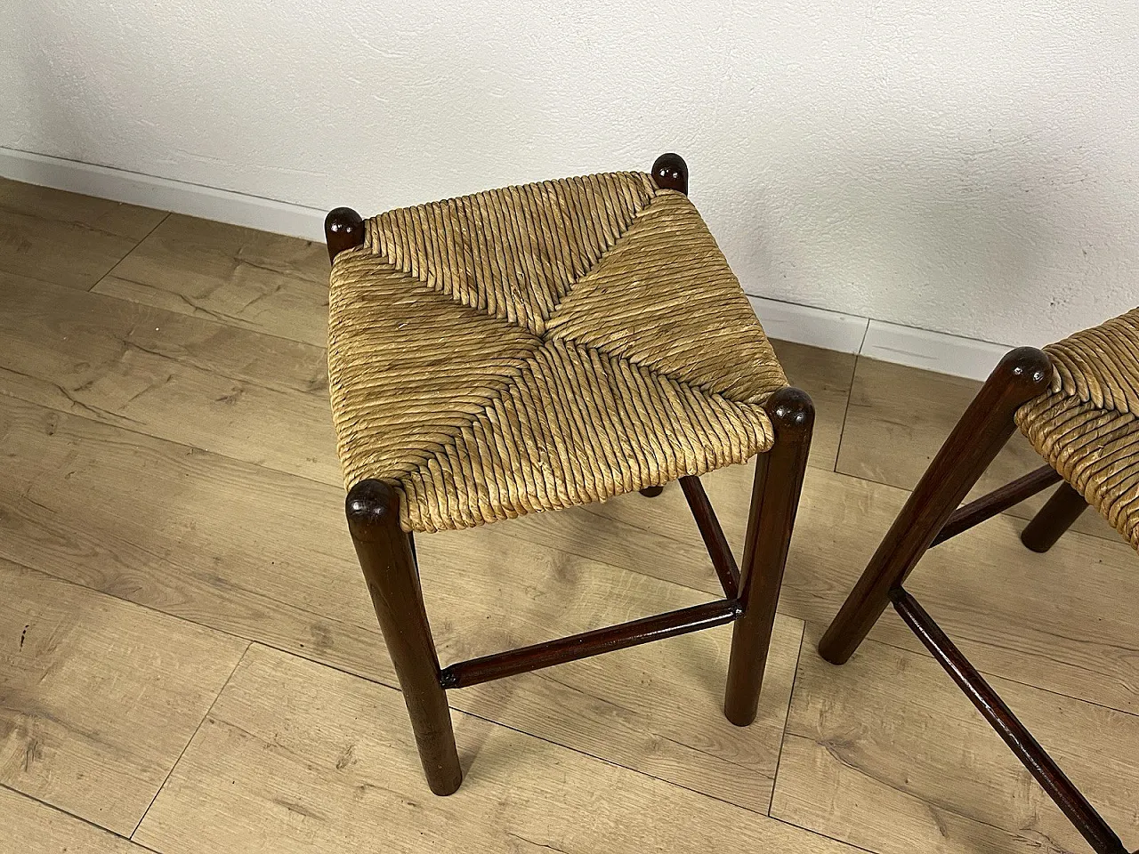 Pair of straw and cherry wood stools, 1960s 5