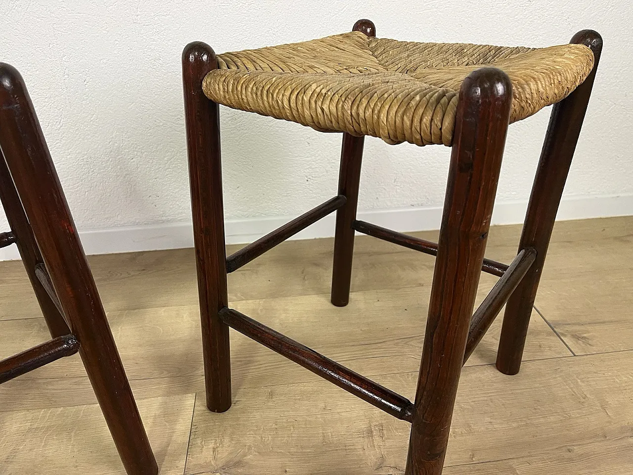 Pair of straw and cherry wood stools, 1960s 6