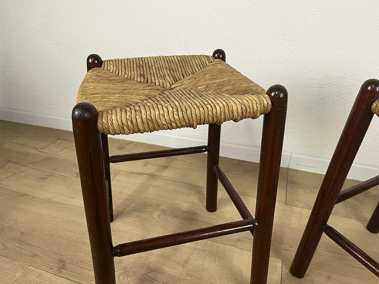Pair of straw and cherry wood stools, 1960s 9