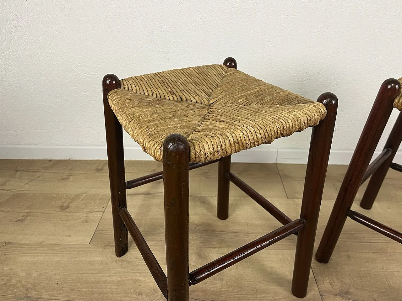 Pair of straw and cherry wood stools, 1960s 11