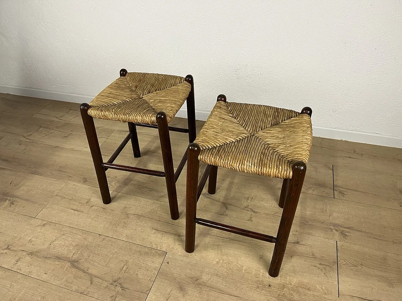 Pair of straw and cherry wood stools, 1960s 13