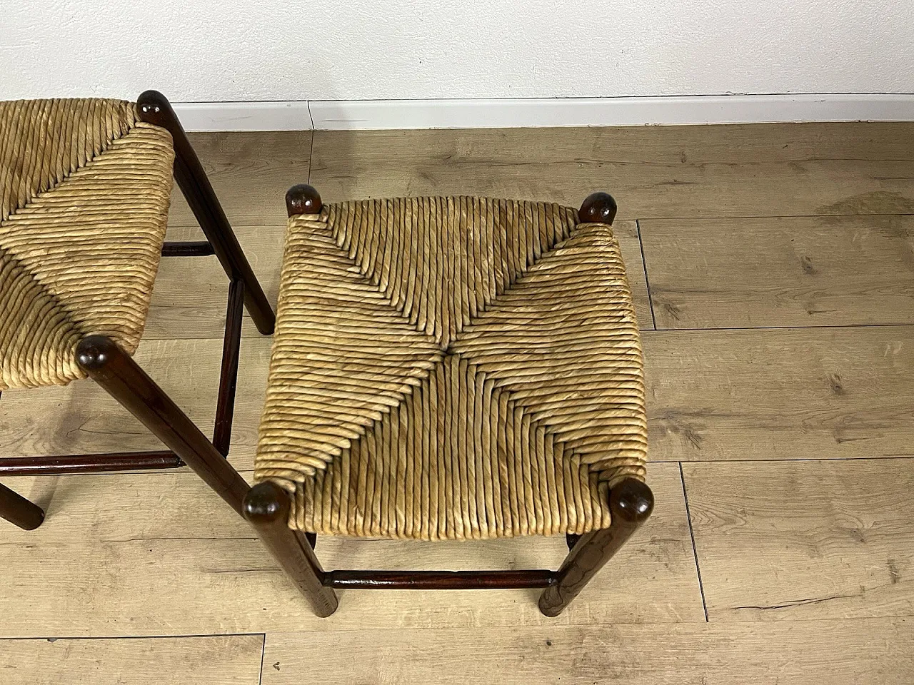Pair of straw and cherry wood stools, 1960s 14