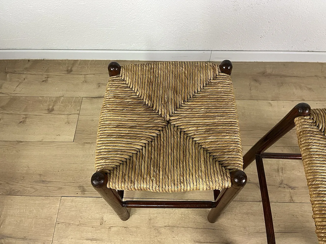 Pair of straw and cherry wood stools, 1960s 15