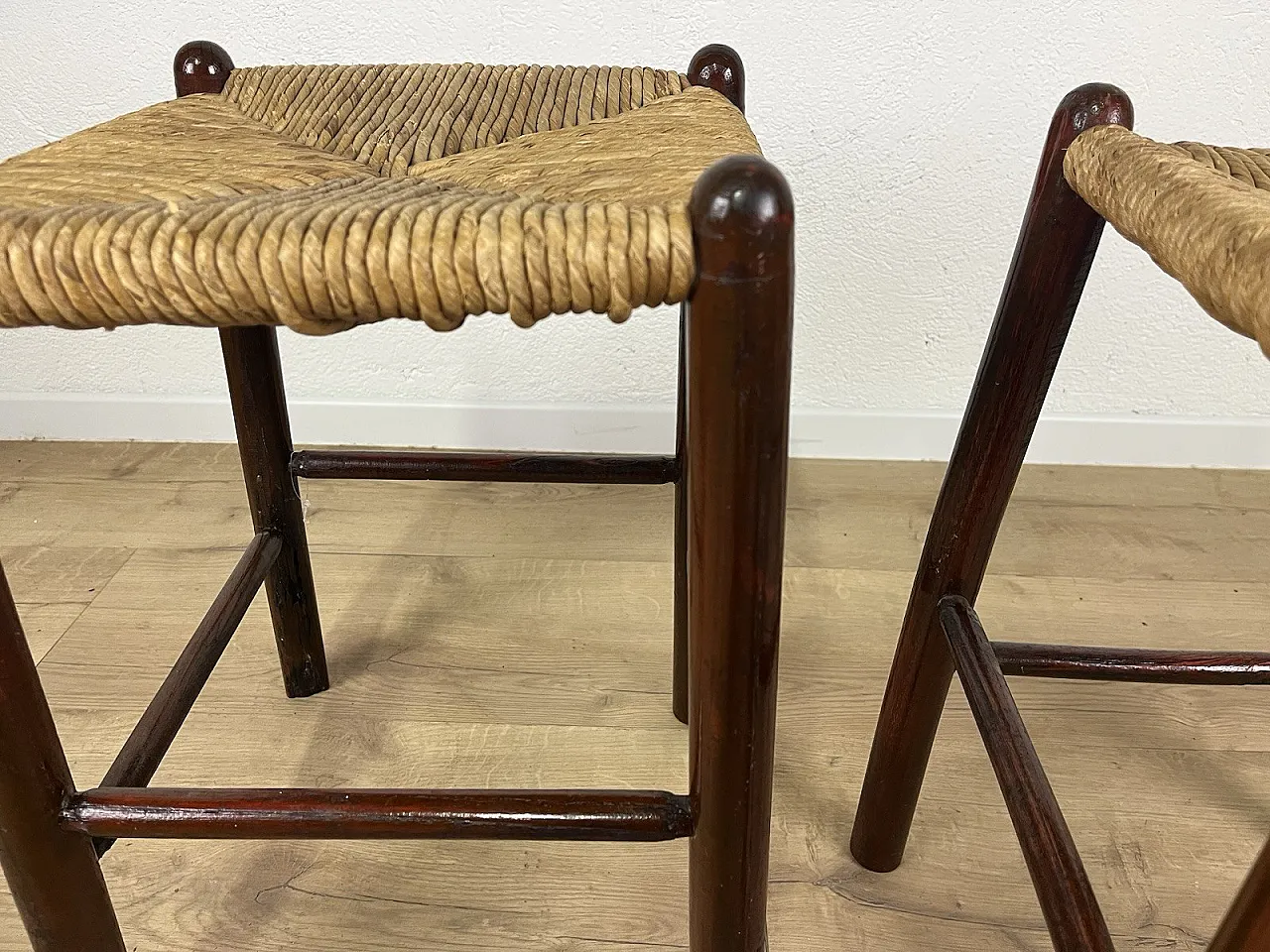Pair of straw and cherry wood stools, 1960s 16