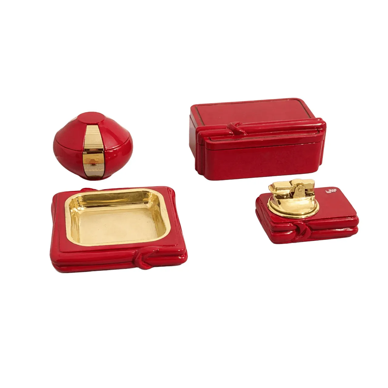 Smoking set in red glazed ceramic and brass, 1970s 1