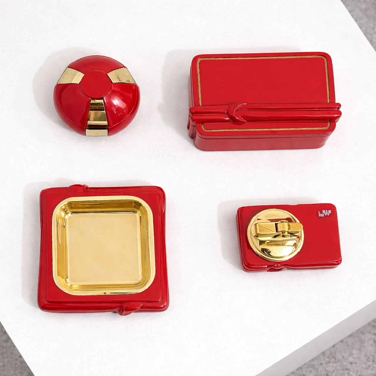 Smoking set in red glazed ceramic and brass, 1970s 6