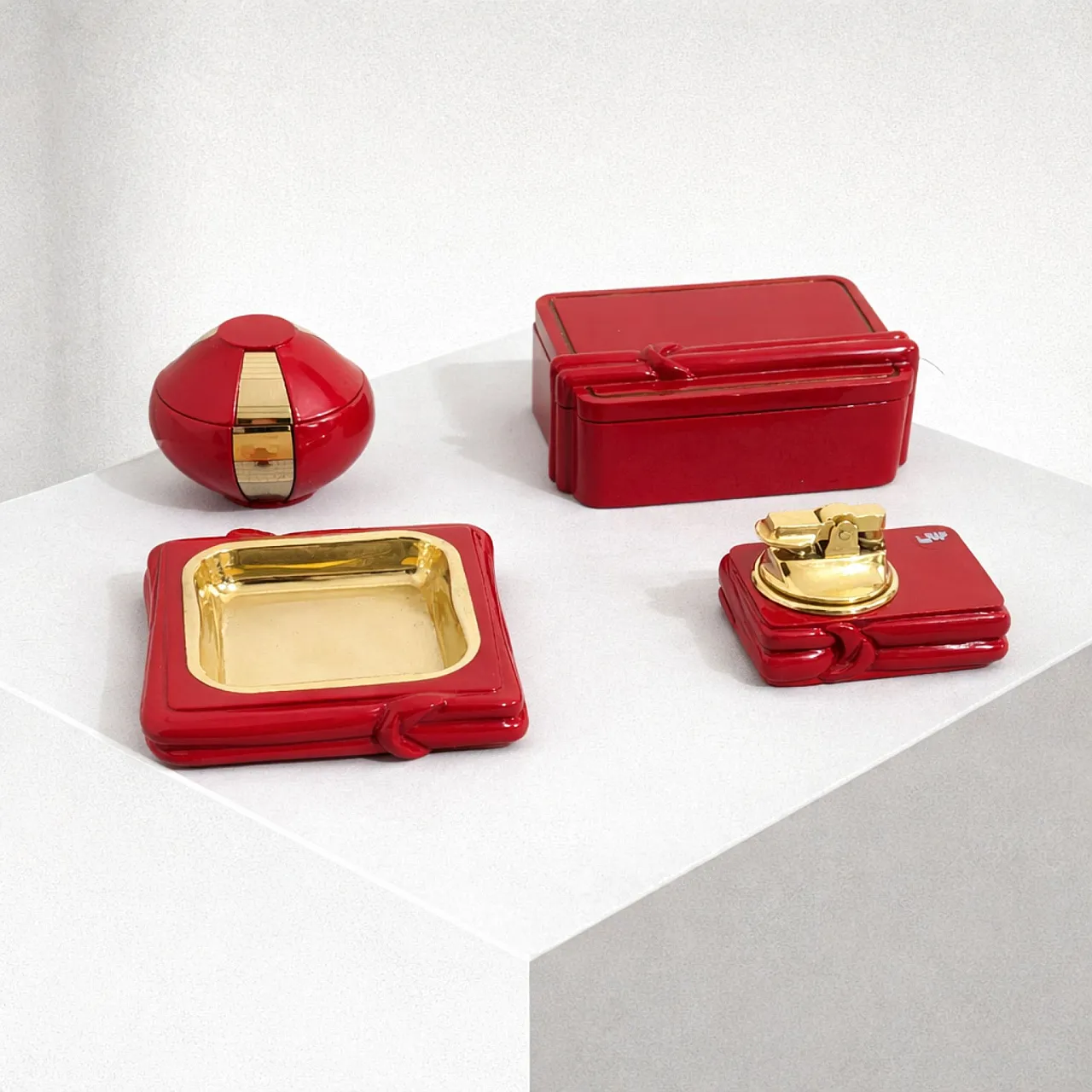 Smoking set in red glazed ceramic and brass, 1970s 7