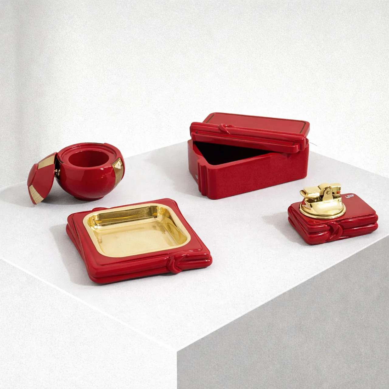 Smoking set in red glazed ceramic and brass, 1970s 8