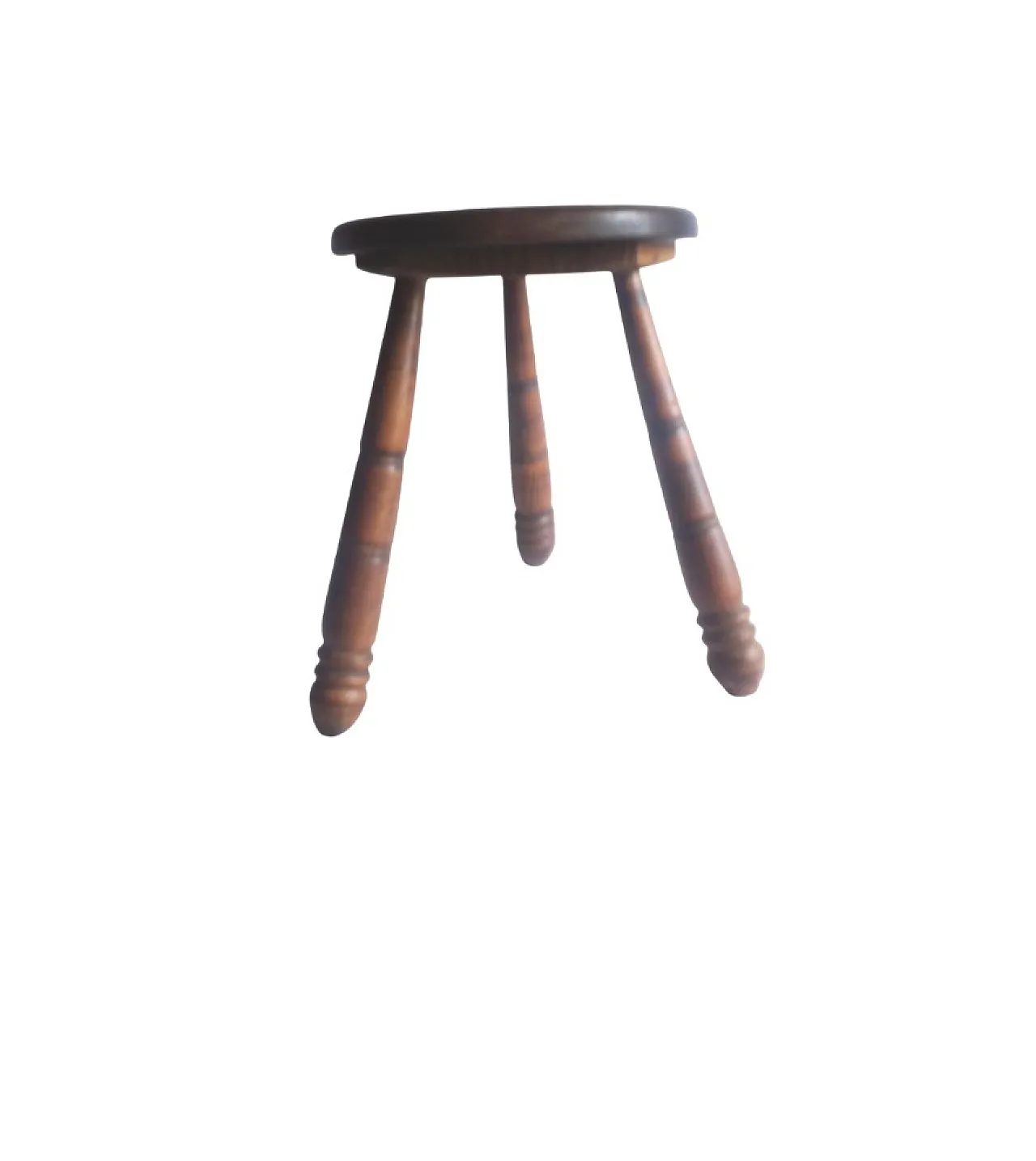 Rustic Tripod Milking Stool, Turned Wood, Round Seat Spindle Legs. 60s 1