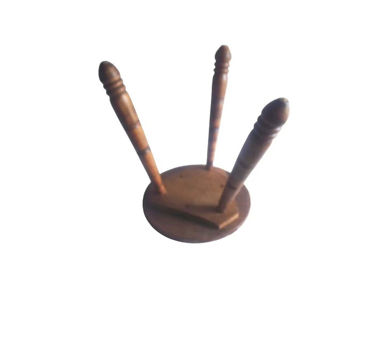 Rustic Tripod Milking Stool, Turned Wood, Round Seat Spindle Legs. 60s 3