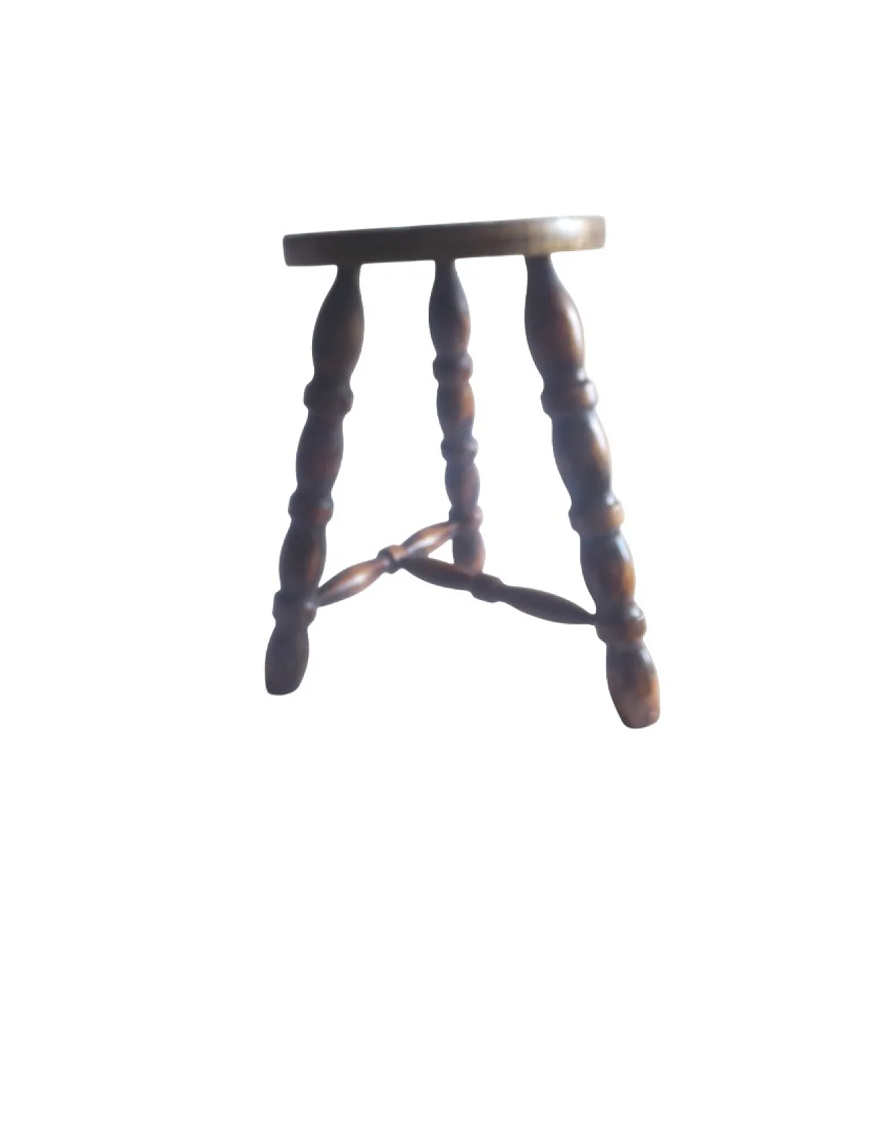 Tripod Milking Stool, Turned Wood with 3 Braced Bobbin Legs. 60s 1