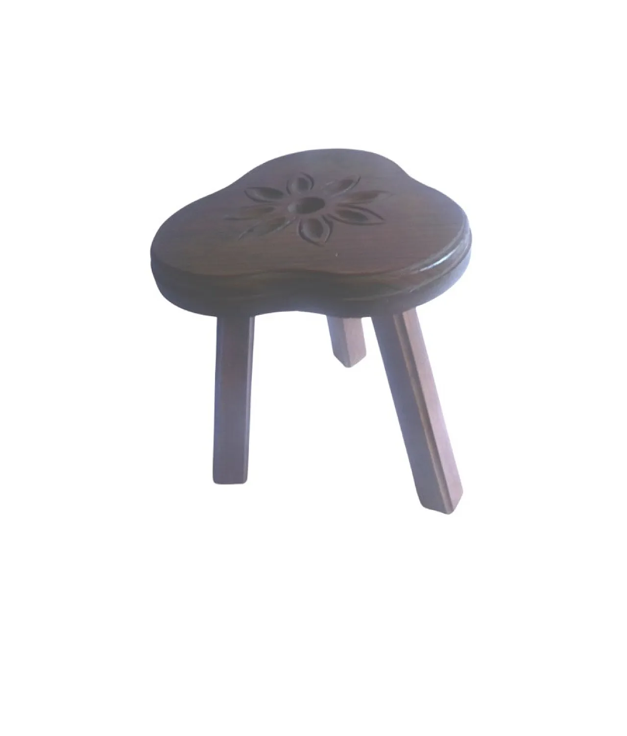 Tripod Milking Stool,  Seat with hand-carved flower petal motif. 60s 1