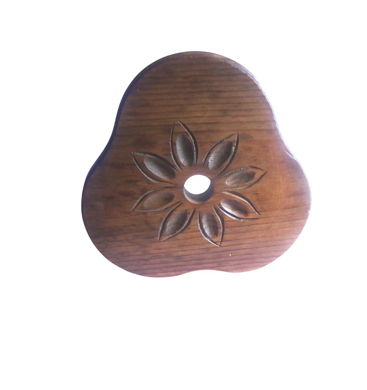 Tripod Milking Stool,  Seat with hand-carved flower petal motif. 60s 4